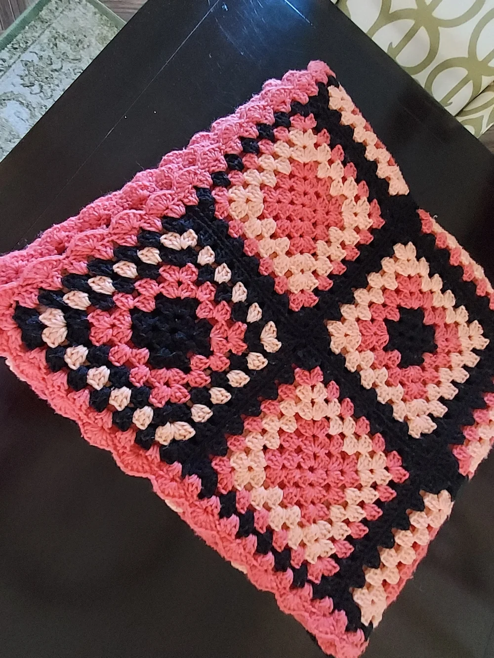 Handmade Melon, Black & Pink Crochet Granny Square Throw Blanket -Cozy 48